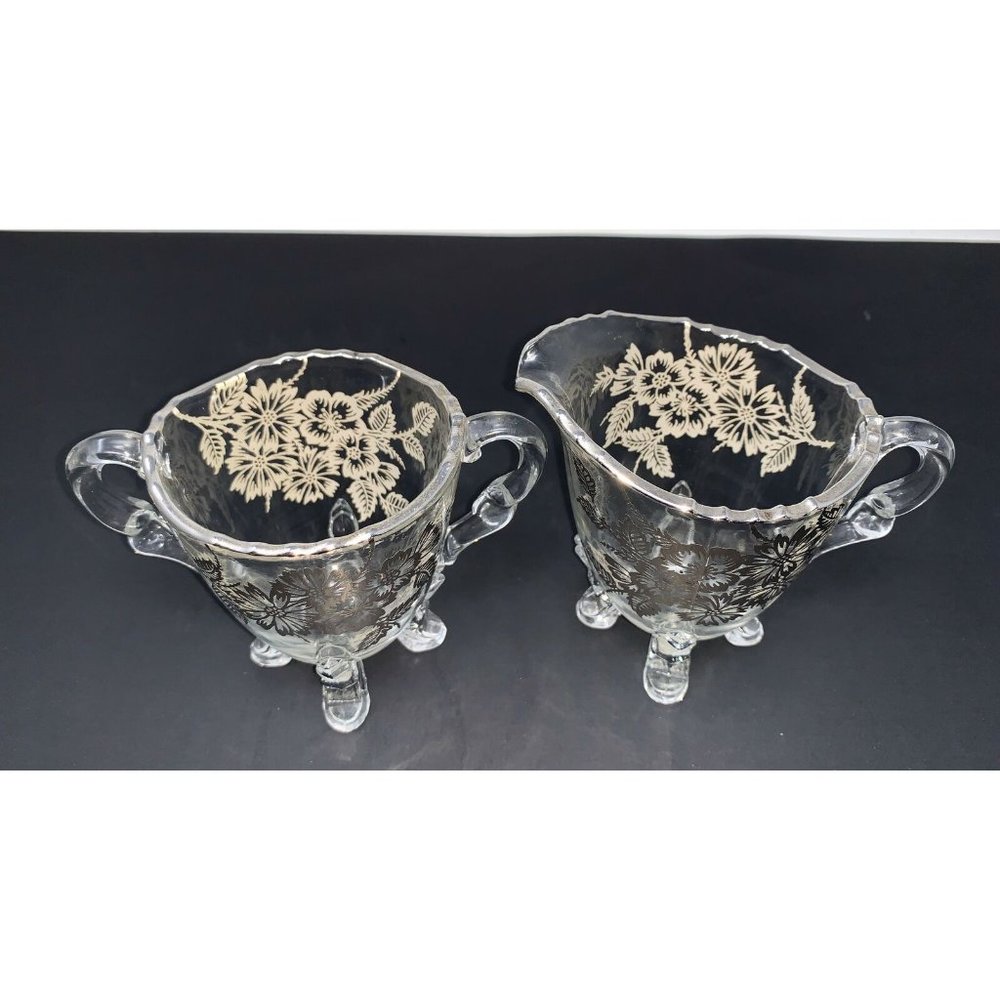 VIKING GLASS #42  Four Toed Open Sugar & Creamer SILVER CITY Springtime Overlay - Picture 5 of 10